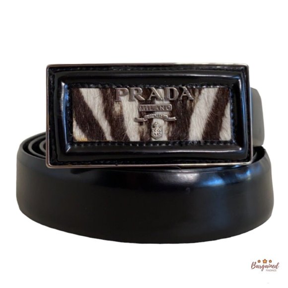 Authentic PRADA Black Patent Leather Silver Pony Buckle Logo Belt Size 34/85 - Picture 1 of 12